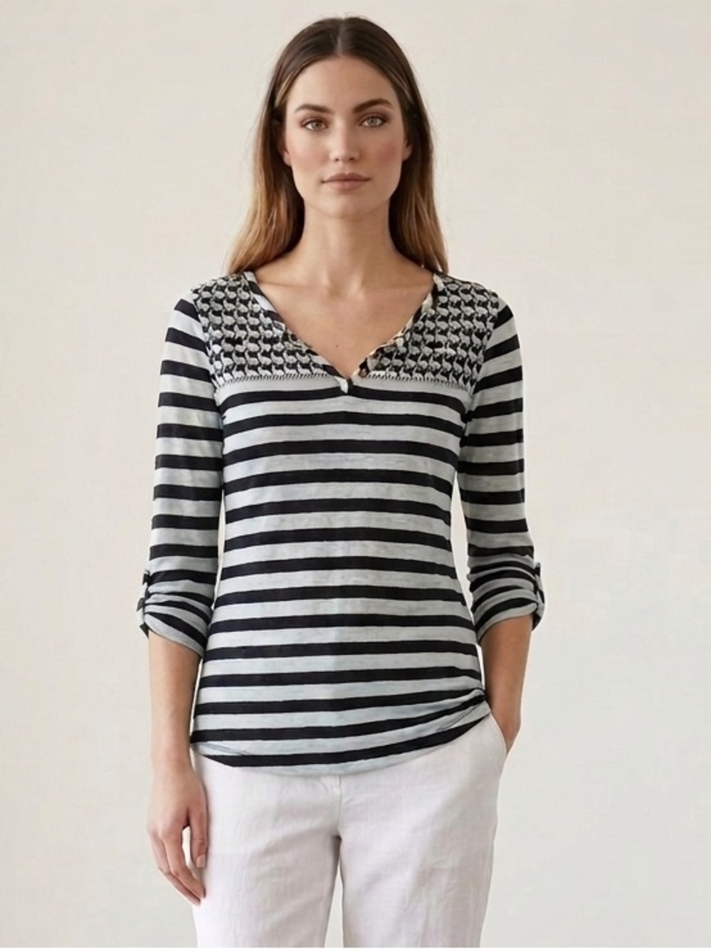 Anthropologie Postmark Black White Striped Rabbit Print Henley Top Size Small